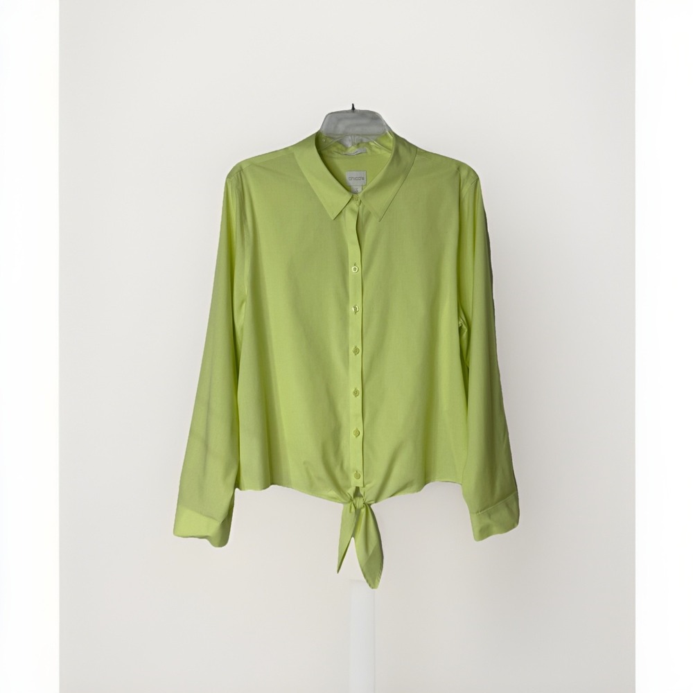 Chicos No Iron Chartreuse Button Up Front Tie Long Sleeve & Roll Tab Womens 3/16